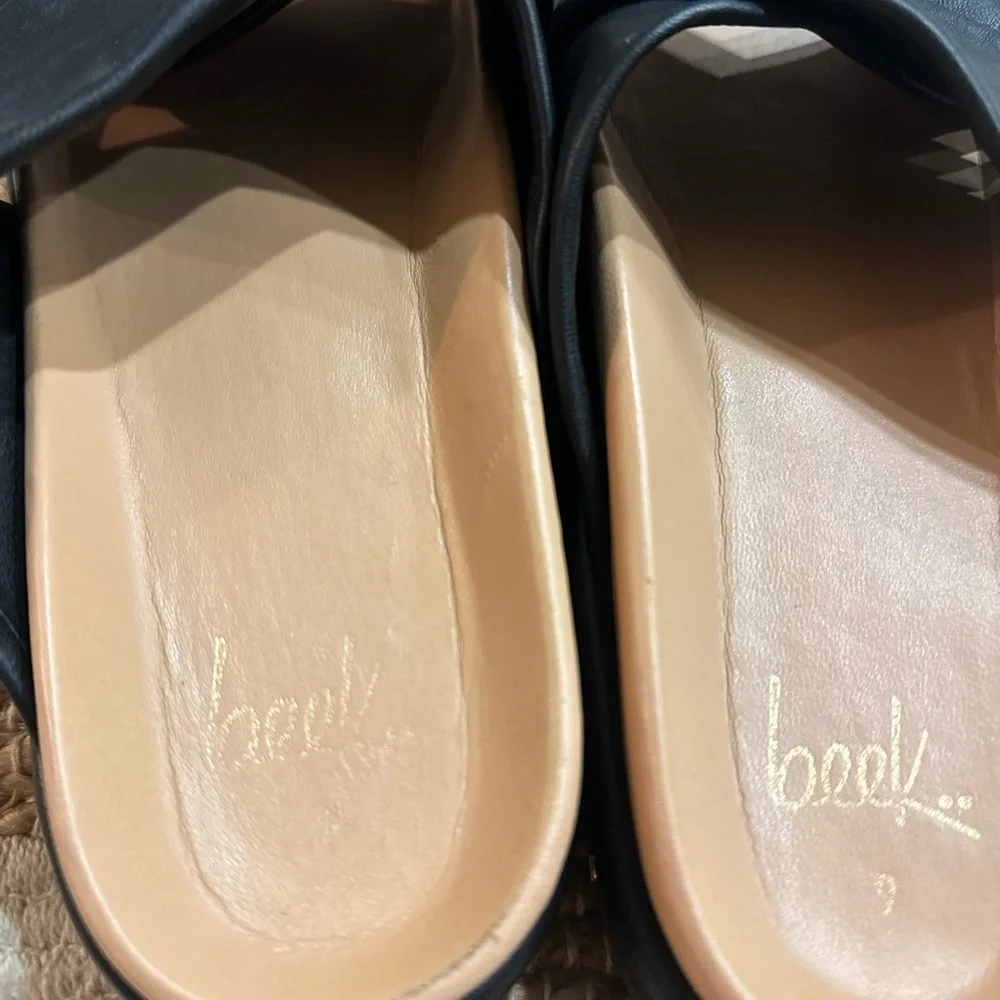 beek Black Leather Crossband Slide Sandals with Tan Footbed